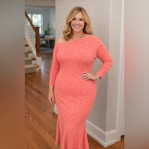 One-Shoulder Coral Knit Maxi Dress - Flare Bottom